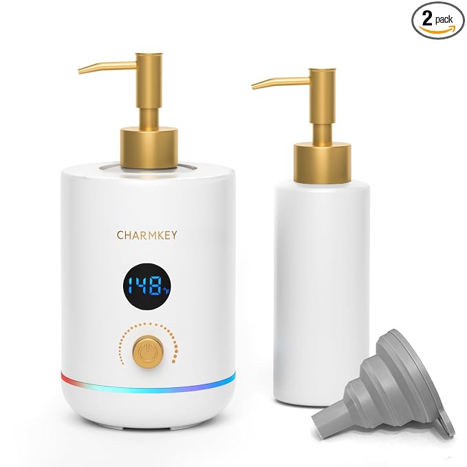 CHARMKEY Massage Oil Warmer White, 2 Oil Bottle Dispensers & 2 Silicone Funnels, Digital Heater for SPA, Oil Lotion Cream for Salon, Barber Shops, Home, Automatic Lotion Warmer