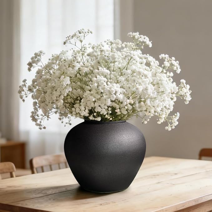 GeLive Black Ceramic Vase 7 Inch Round Farmhouse Rustic Flower Vase for Fresh/Dried Plants Table Centerpiece Minimalist Home Decor Handmade Pottery Planter Pot