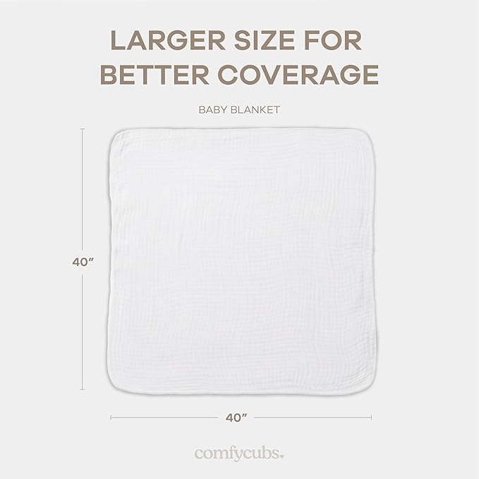 Comfy Cubs Muslin Baby Blanket 40" x 40" L - Swaddle Blankets, White | Soft, Lightweight, 6-Layer Cotton Breathable Baby Blankets - Comfortable, Gentle & Versatile Cotton Baby Blankets for Sleep