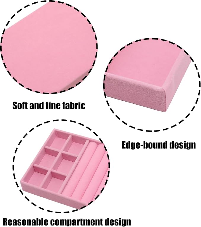 Velvet Jewelry Organizer Tray, Pink 3-in-1 | Stackable Jewelry Storage Display Tray with Removable Dividers for Drawer Dresser Cloest Organizer