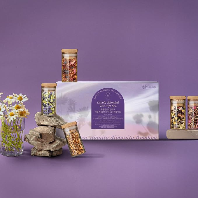 KKOKDAM Lovely Blending Tea Gift Set – Premium 5-Flavor Tea Sampler (3 Herbal & 2 Black Tea Blends) – Loose Leaf Tea Variety Pack in Glass Jars – Unique Korean Gift Box for Women, Mom & Tea Lovers