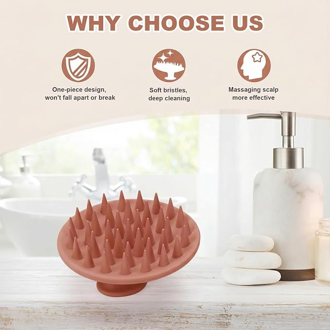 Meartchy Silicone Scalp Massager Shampoo Brush, Scalp Brush for Hair Growth & Dandruff Removal, Hair Scrubber Scalp Stimulator Exfoliator Brush with Soft Bristles for Wet Dry Scalp Care (Brown)