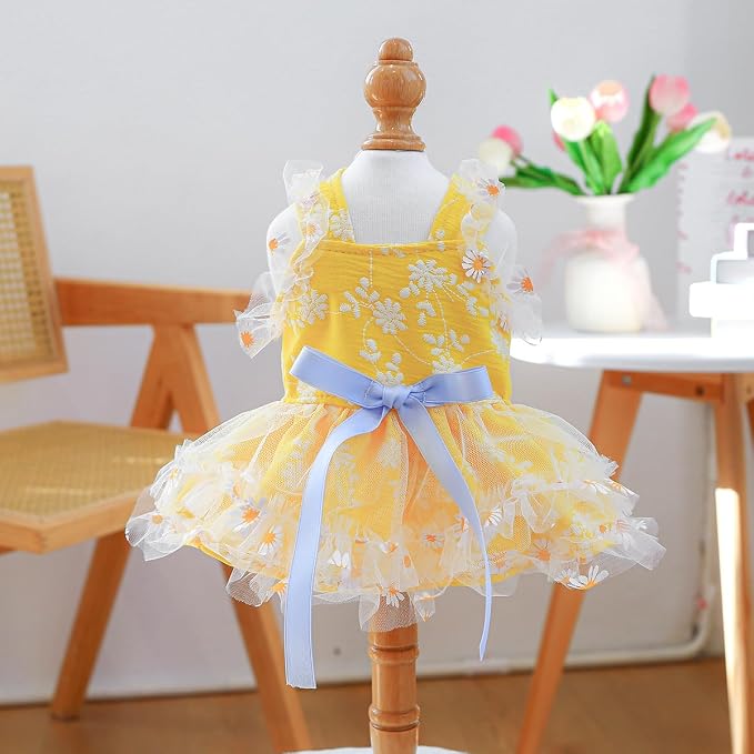 Dog Lace Dress Cat Suspender Skirt (Summer Daisy Suspender Skirt,XS) | Summer Autumn Small & Medium Pet Party Dress For Yorkie Maltese Chihuahua Pug Shih Tzu Toy Poodle French Bulldog
