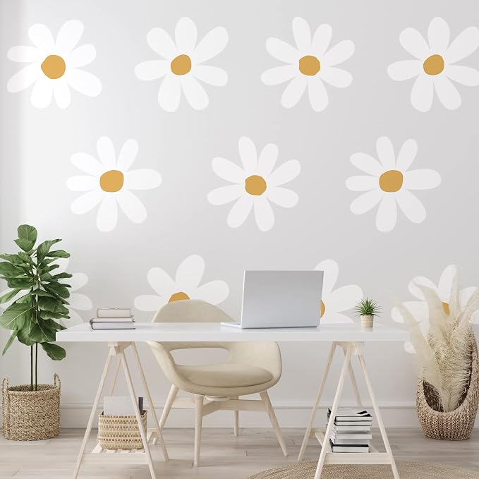 TaoBary 12 Sheet Daisy Wall Sticker Decal,White, Yellow,Vintage Style | Big Flower Wall Sticker, Pink White Floral Decal, Daisy Bedroom Room Decor, Removable Peel and Stick, Nursery Home Wall Decor