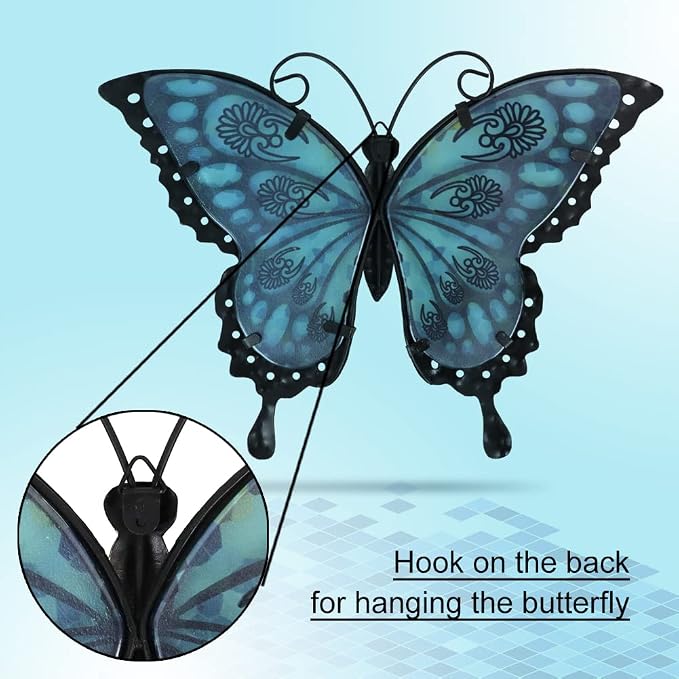 LIFFY Metal Butterfly Wall Decor,2Pack 12" Hanging Glass Butterfly Outdoor Decor,Garden Decorative Ornaments Outside for Home,Yard,Fence,Patio