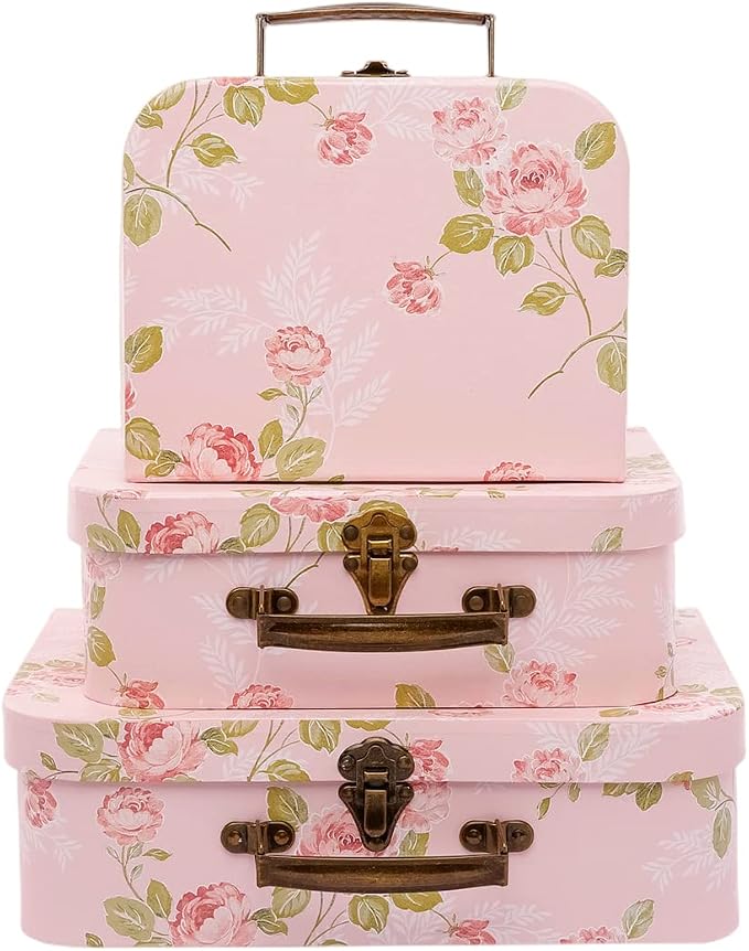 Paperboard Suitcases Set of 3 Decorative Storage Boxes With Lids, Gift Boxes With Lids For Presents, Compatible with Travel Dollhouses, Wedding Card Box or New Year Decorations (Pink Flowers)