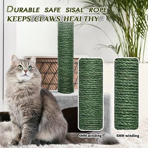 Green Sisal Rope 1/4 Inch by 49-Feet for Cat Scratching Post Tree Tower Replacement Repair and Replace, DIY Hemp Twine Rope for Kittens Shelves Furniture Window Bed Perch House Climbing, 6mm by 15m