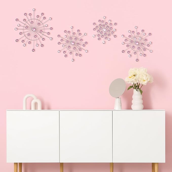 Blulu 4 Pcs Pink Metal Wall Decor Bling Crystal Wall Art Cast Iron Rhinestones Sunburst Decor Starburst Art Hanging Diamond Accents Decorative for Living Room Bedroom Entryway