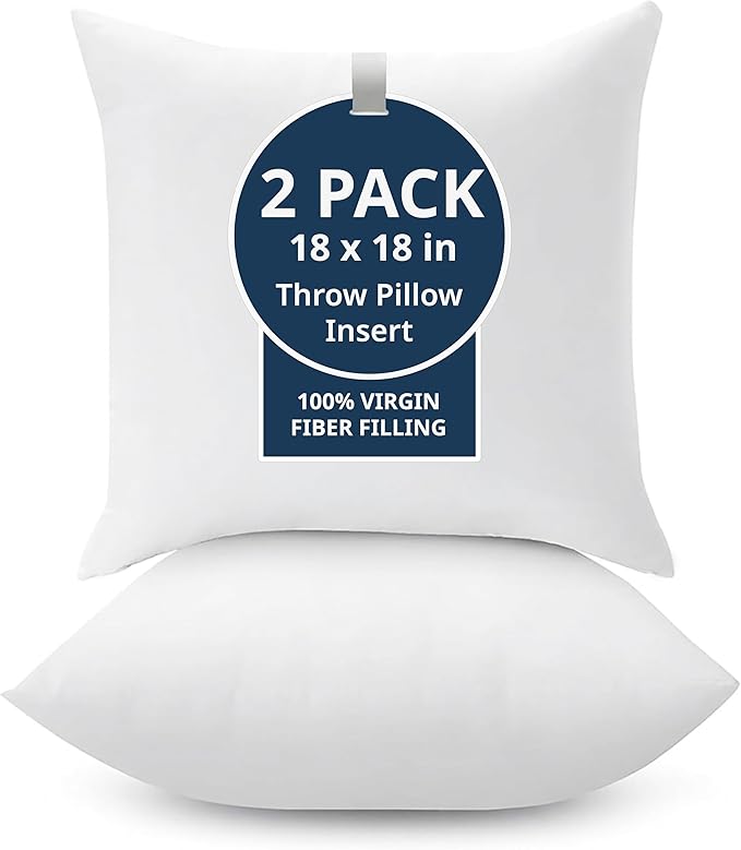 LANE LINEN 18 x 18 Throw Pillow Insert - Pack of 2 White, Down Alternative Pillow Inserts for Decorative Pillow Covers, Throw Pillows for Bed, Couch Pillows for Living Room | Contemporary Solid Inserts For Sofa Back Support - Durable Everyday Fill, Eve...