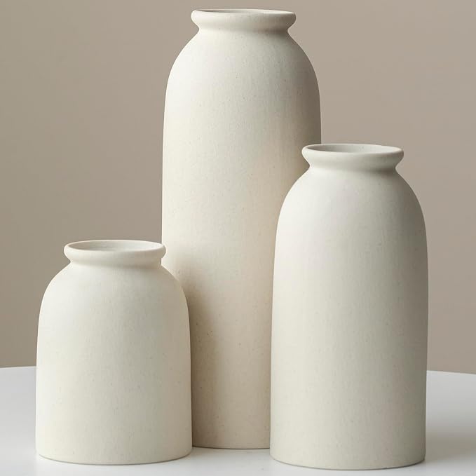 Ceramic Vase Set-3, Large Flower Vases for Decor, Modern Boho Farmhouse Style, 10.4 Inch Tall, 4 Inch Width, Beige Color, Decorative Vases for Pampas Grass, Dried Flowers and Fresh Flowers (XL Beige)