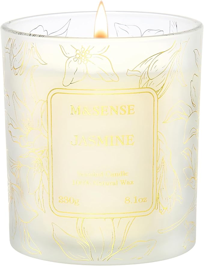 M&SENSE Jasmine Soy Candle, 8.1oz Gilded Glass Floral Gift | 42H Long Burn, Non-Toxic Soy, Gilded Glass, Romantic Floral Scent, Warmer Compatible, Reusable Vase