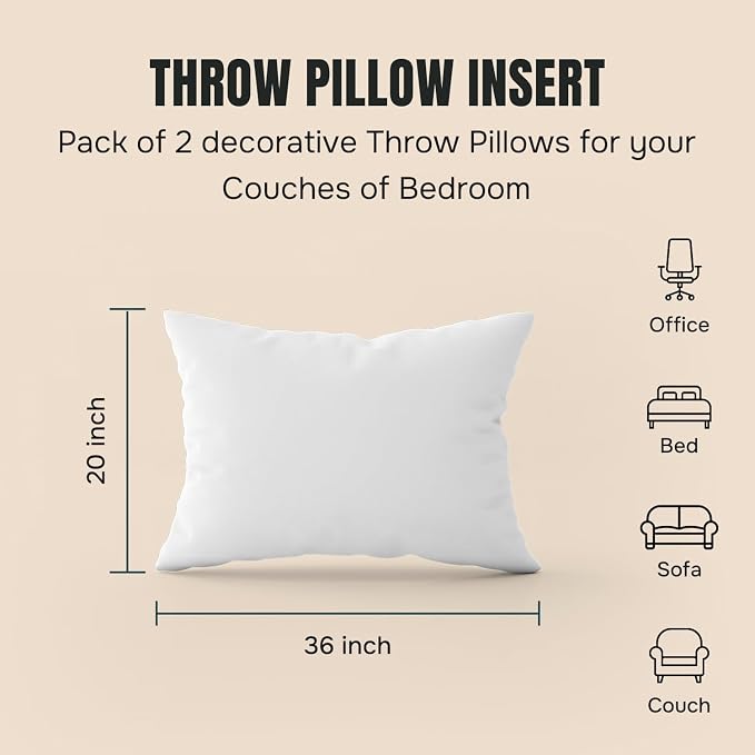 CanvasChamp Throw Pillow Inserts Pack of 2, Lightweight Soft Polyester Decorative Pillow Covers - 20" W x 36" H Bed & Couch Pillows