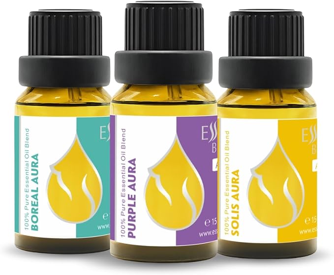 Aura Set Organic Essential Oil Blends 1.52 Fl Oz | Purple, Boreal & Solis Aura | Aromatherapy, Sauna & SPA | 100% Pure & Natural | Undiluted (3 pcs x 15 ml)