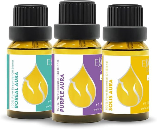 Aura Set Organic Essential Oil Blends 1.52 Fl Oz | Purple, Boreal & Solis Aura | Aromatherapy, Sauna & SPA | 100% Pure & Natural | Undiluted (3 pcs x 15 ml)