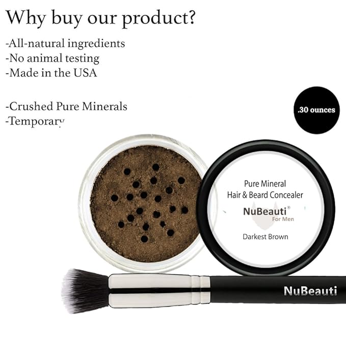Men’s Beard, Mustache & Hair Root Touch Up Powder – Bald Spot Cover Powder – No Fragrance, Talc or Parabens – Hair Cover Hairline Powder by NuBeauti (Darkest Brown, With Brush)