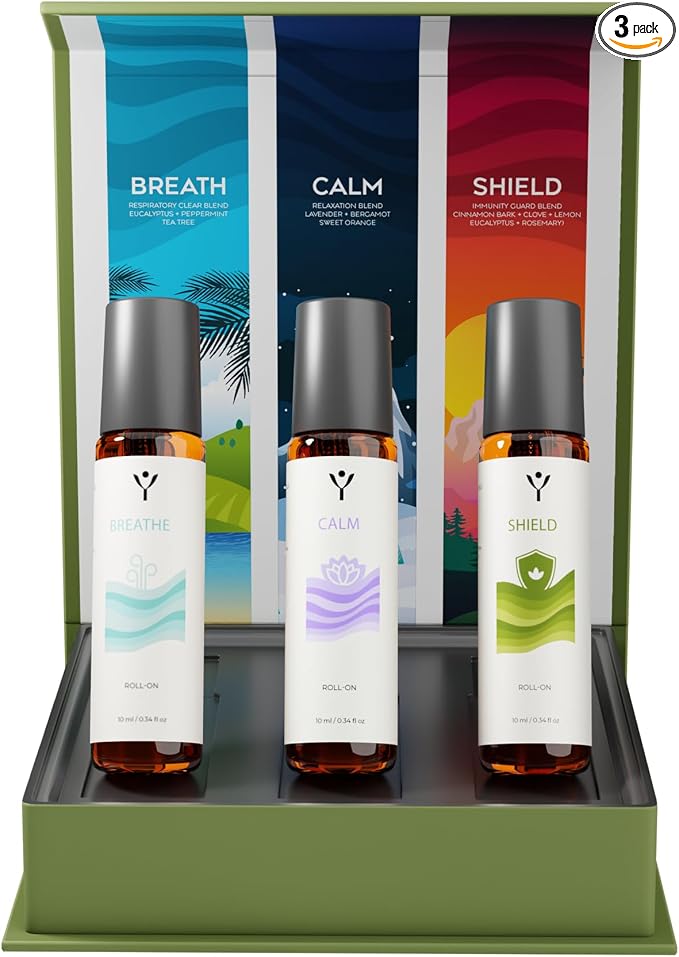 Essential Oil Roll-On Gift Sets, 100% Pure Therapeutic Grade Aromatherapy Blends, 10ml Each, 3-Piece Collection (Wellness Trio - Shield | Breathe | Calm (3 pc Set))