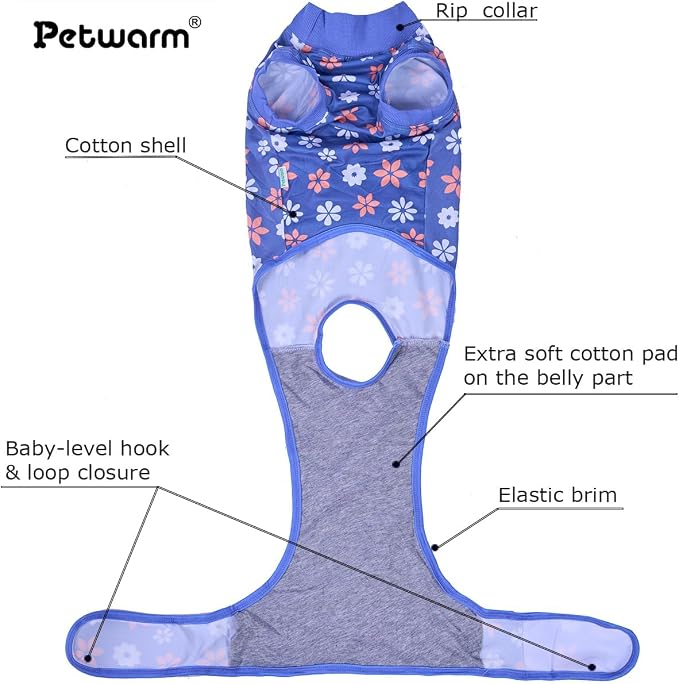 PetWarm Dog Surgical Recovery Suit, Dog Bodysuit for Sensitive Skin Areas, Surgical Suit for Dogs Abdominal Affected Areas Bandages, Substitute E-Collar and Cone, Flower Pattern, Blue, XS