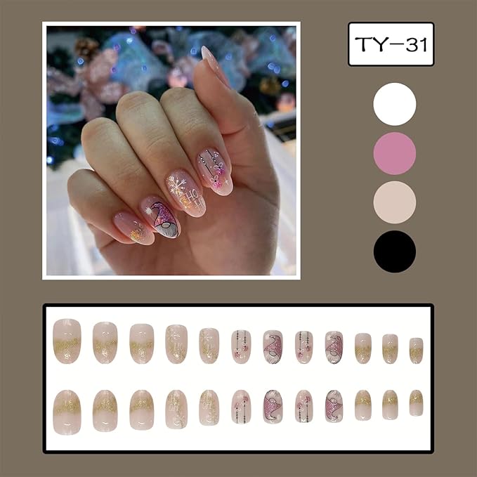 Christmas Glitter Gnome Press on Nails Medium Oval Acrylic False Nails Winter Xmas Snowflake Glue on Nails Glossy Christmas Fake Nails for Women Girls