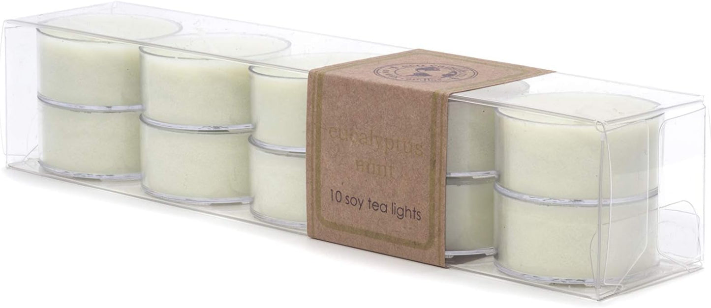 Eco Candle Co. Eucalyptus Mint Tea Light Candles, 10-Pack, 9 Hr Burn Time | Scents of Eucalyptus, Spearmint, & Peppermint - Recyclable, No Lead, Hand Poured, Midwest Grown Soybeans, .6 oz. Each