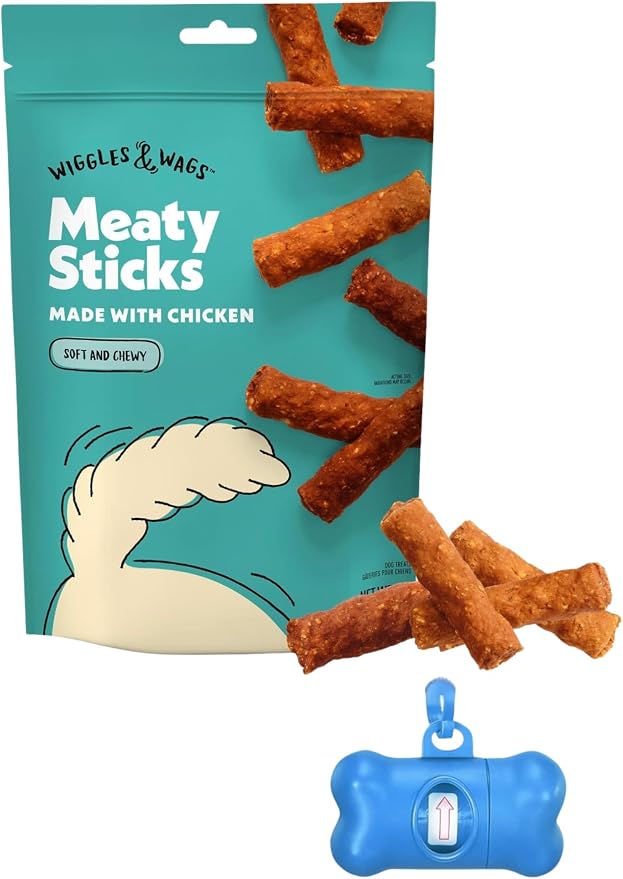 Wiggles & Wags Meaty Sticks Chicken Dog Treats, 16 oz, with DN Essentials Bone Shaped Waste Bag Dispenser & Roll