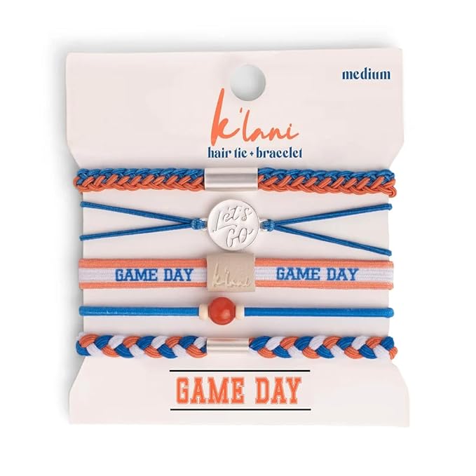 K'lani Game Day Hair Tie Bracelets – 5-Pack Stretchy No-Crease Hair Ties & Stylish Bracelets – Team Color Accessory for Hair or Wrist - Blue & Orange, Medium