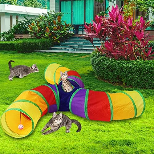 Bemodst S-Type Cat Tunnel, 2 Way/3 Way/4 Way/5 Way Collapsible S-Shape Small Animal Tubes Kitty Tunnels Interactive Maze House Toy with Storage Bag for Kitten Puppy Rabbit Guinea Pig (Rainbow-3 Way)