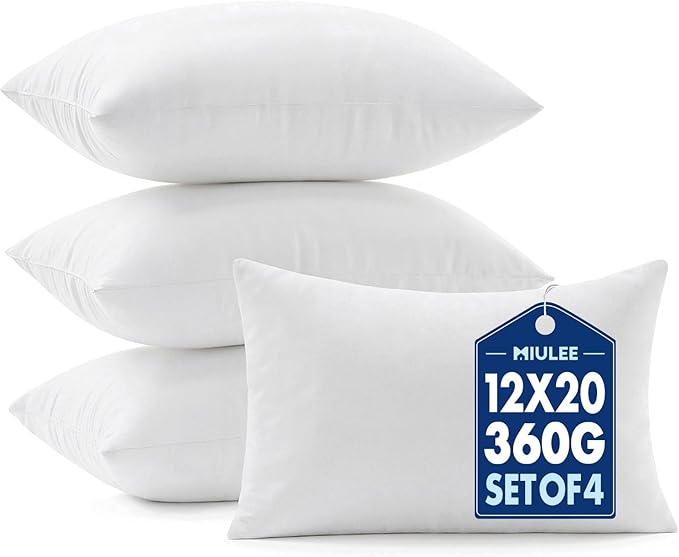 MIULEE 12x20 Pillow Inserts 4 Pack, 100% Virgin Fiber Filling Throw Pillows | Decorative Pillows for Sofa Bed Couch, Firm and Full Pillows, Excellent Support, Soft Brushed Fabric