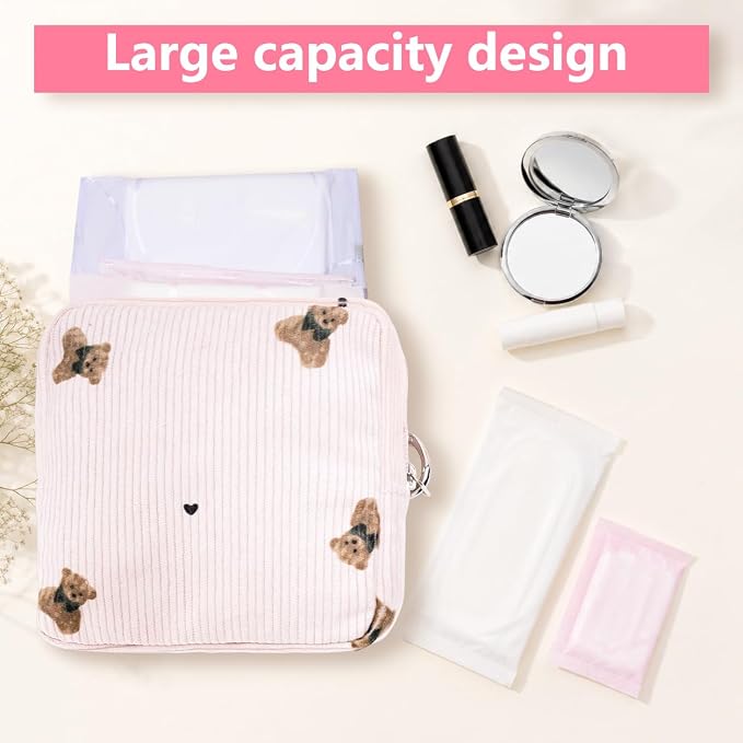 Period Bag for Girls, Corduroy Period Kit with Sanitary Pad Pouch, Menstrual Storage Bag and Tampon Holder for Purse, Girls School Essentials,Feminine Care Organizer(Pink Bear)