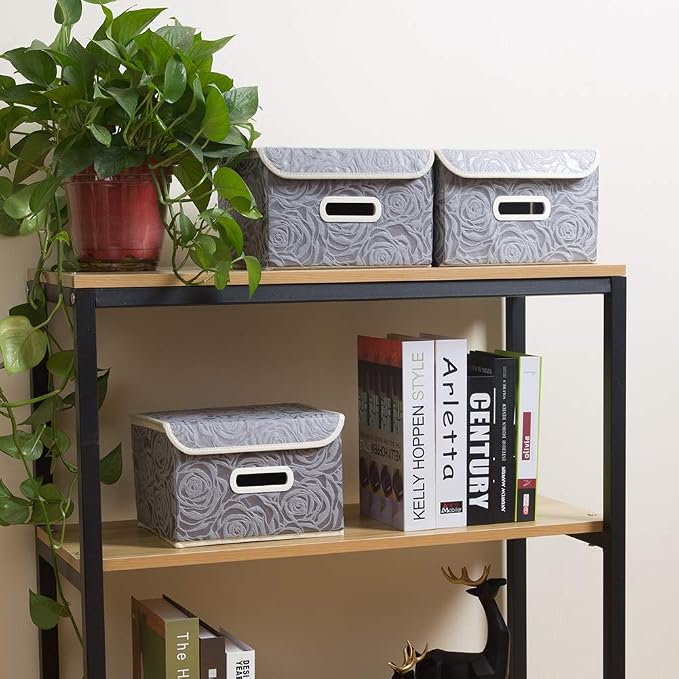 Stackable Storage Boxes with Lids [5-Pack] Fabric Decorative Storage Bins Cubes Organizer Containers Baskets with Cover Handles Divider for Bedroom Closet Living Room Grey 9.8x7.9x6.7 Inch