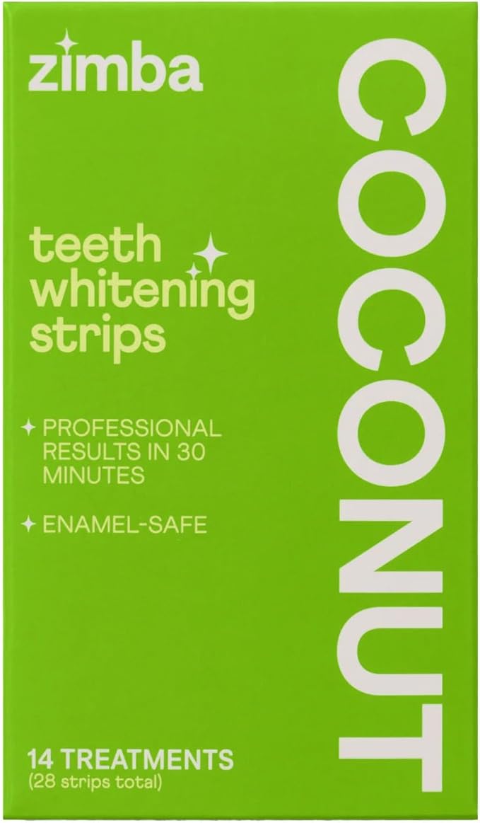 Zimba Coconut Flavored Teeth Whitening Strips | Vegan, Enamel Safe Hydrogen Peroxide Teeth Whitener for Coffee, Wine, Tobacco, and Other Stains | 14 Day Treatment | Coconut