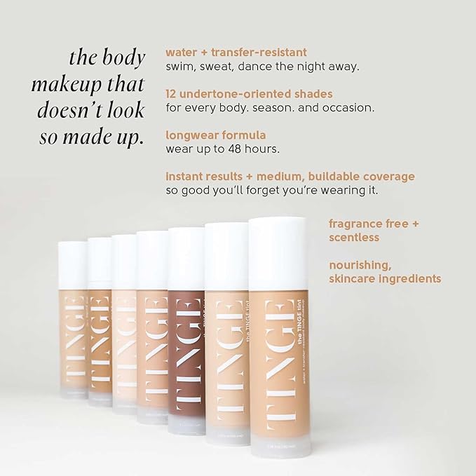 Tinge Tint Body Makeup, Water and Transfer Resistant Up to 48 Hours, Buildable Medium Coverage Body Foundation or Bronzer with Amino Acids, Tattoo Cover Up Makeup, 3.38 FL Oz - Deep Cool