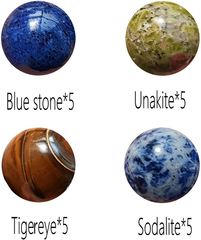 20Pcs 16mm Natural Stone Balls Gemstone Spheres Polished Assorted Small Marbles -Tiger Eye*5, Unakite*5,Sodalite*5,Blue Stone*5