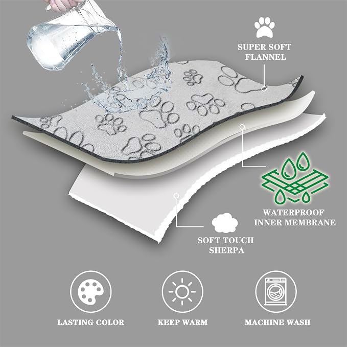 Dog & Cat Blankets - Waterproof Washable - Sherpa, Plus Plush Reversible, 25"X30", Grey Paw Print