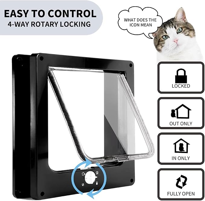 EASY JOY Cat Doors(Outer Size 10.6" x 9.2"), 4-Way Locking Cat Door for Interior Exterior Doors, Weatherproof pet Door with Magnet for Cat or Dog < 21.5 inches in Girth(Black L)