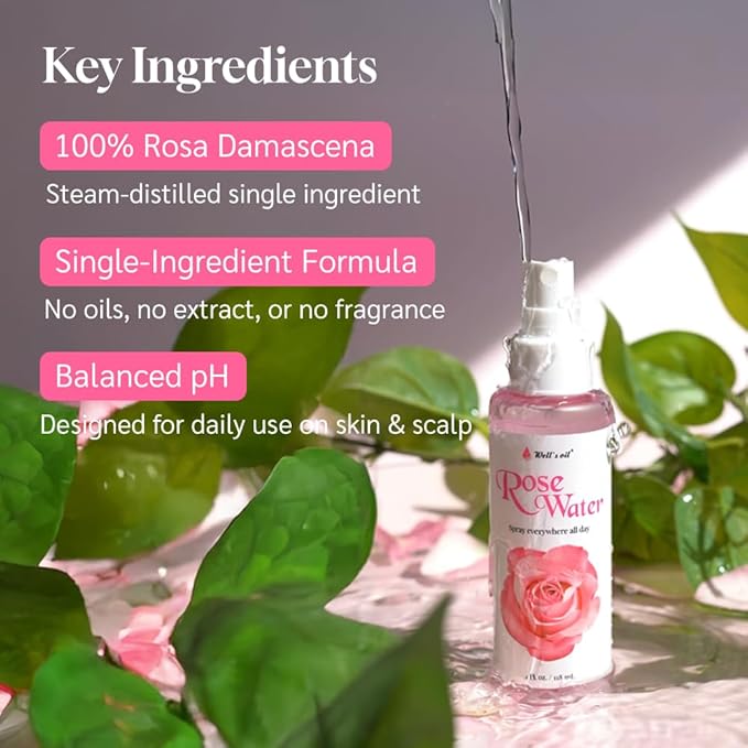 Well's Oil Rosewater Face & Hair Mist Spray (8 fl oz / 236 mL) | Floral Rosewater Hydrosol | Alcohol-Free