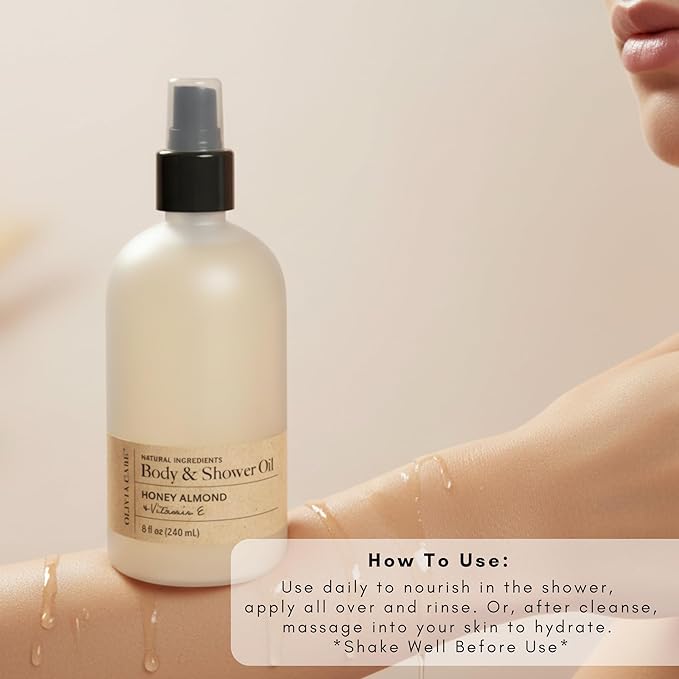 Olivia Care Nourishing Honey Almond Body Oil with Vitamin E: In-Shower Bliss for All Skin Types - 8 Fl Oz. (Honey Almond and Vitamin E)