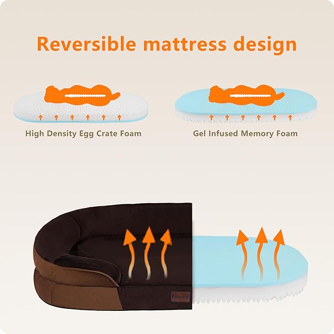 Dwanton Orthopedic Waterproof Medium Dog Bed Sofa, Gel Memory Foam, 28" | Egg-Crate Foam Dog Sofa, Washable Pet Bed with Four Sided Bolster Cushion, Removable Cover & Non-Slip Bottom, Brown