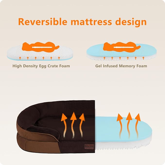 Dwanton Orthopedic Waterproof Medium Dog Bed Sofa, Gel Memory Foam, 36" | Egg-Crate Foam Dog Sofa, Washable Pet Bed with Four Sided Bolster Cushion, Removable Cover & Non-Slip Bottom, Brown