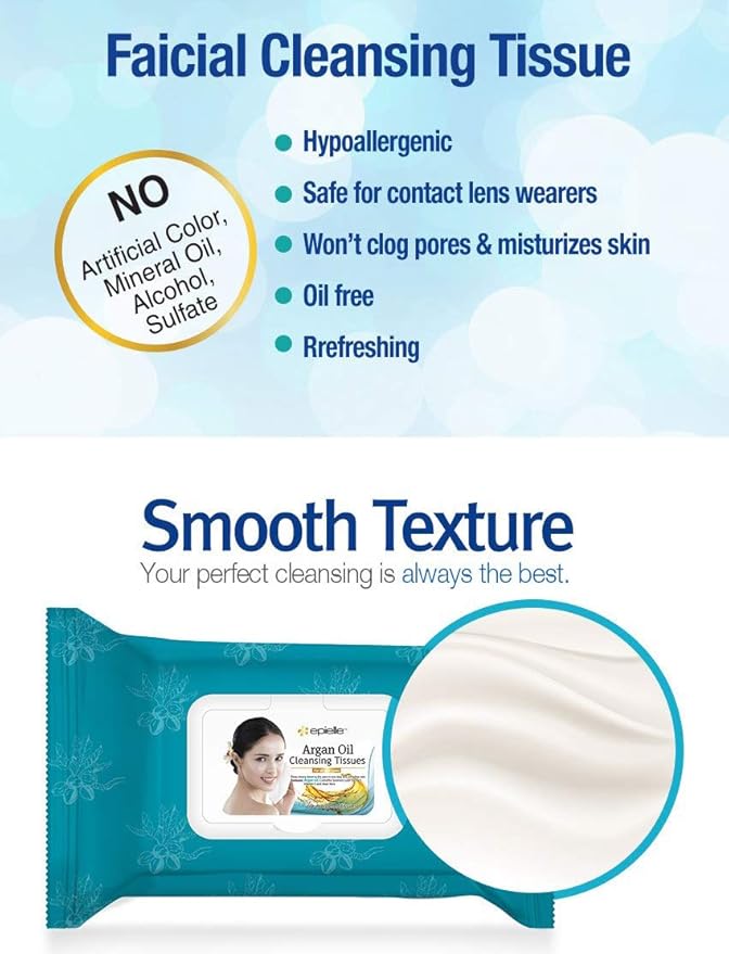 Epielle Argan Oil Makeup Remover Wipes, Gentle Daily Facial Cleanser Towelettes, Remove Dirt, Oil & Waterproof Mascara, Stocking Stuffers, 60 Count (Pack of 4)
