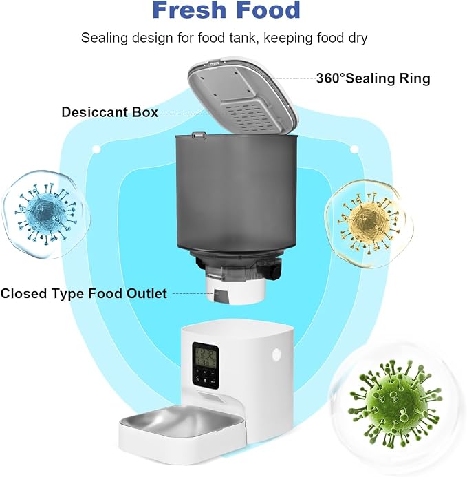Automatic Cat Feeder, 6L Cat Food Dispenser with 10s Voice Recorder, Pet Feeder up to 8 Meals per Day, Timed Feeder with Dry Food Sealed Ring (Jade White)