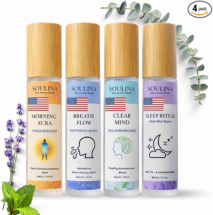 Soulina Set of 4 Essential Oil Roller – Sleep, Energy, Breath & Focus Aromatherapy Roll-On Kit, Natural Blends with MCT Oil, Handmade in USA, 4 x 10 ml