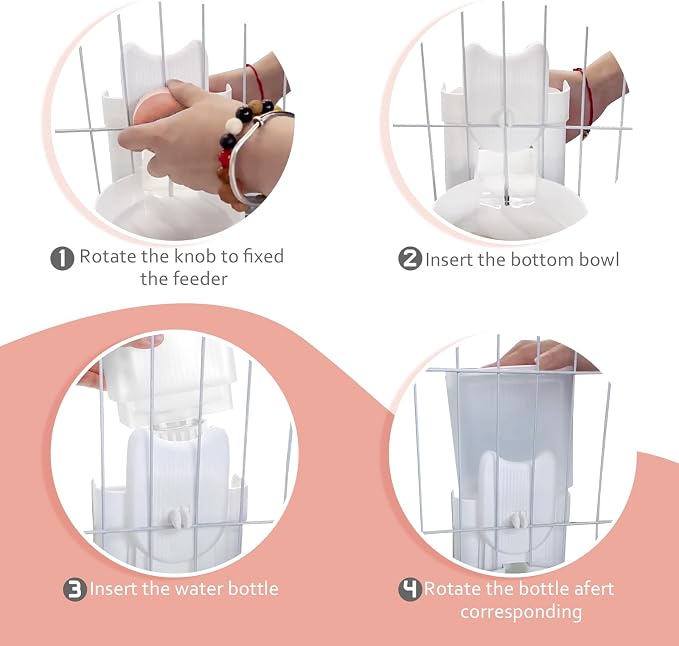 Hanging Cage Auto Pet Food Bowl Water Bottle Dispenser, 1L, Pink | Auto Gravity Pet Feeder and Waterer Set, Kennel Feeding Station, Crate Feeder Dish, For Rabbit Puppy Cats Ferret