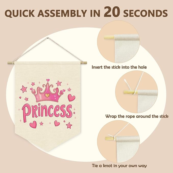 Princess Room Decor for Girls Bedroom, Pink Cute Princess Crown Linen Pennant Banner for Baby Girl Nursery Wall Hanging, Playroom Toddler Room Decorations 15x11 Inch