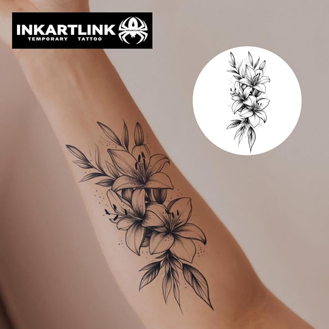 INKARTLINK Semi Permanent Tattoo, Large Female Flower Tattoo, Beautiful and Realistic Design, Fun Tattoo Experience, Cruelty-free, Non-reflective, Waterproof (Lily)