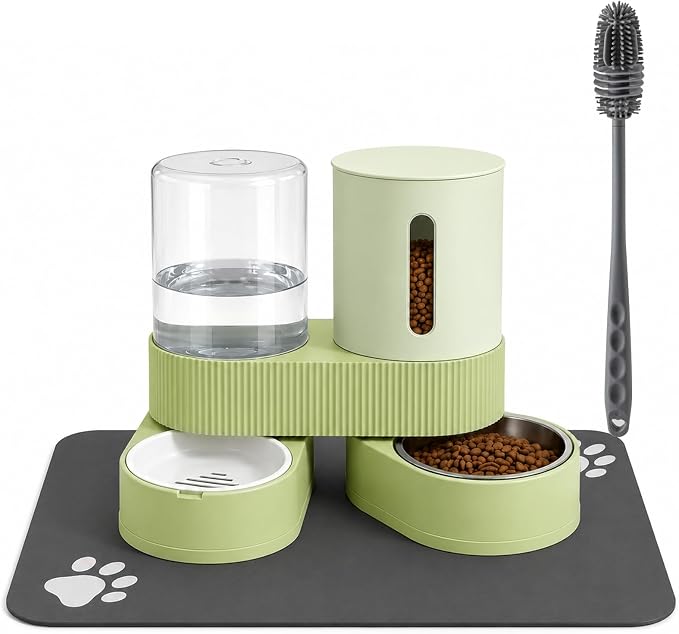 Gravity Cat Feeder 2 Pack Automatic Food Feeder Stainless Steel Water Dispenser Set 360° Rotatable Pet Bowls with Silicone Mat and Brush for Cats Small Medium Dogs, Large Capacity(Green)