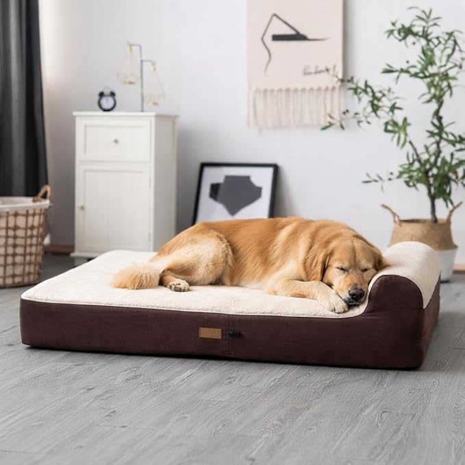 Jumbo Orthopedic Dog Bed - 7-inch Thick Memory Foam Pet Bed with Pillow with Removable Cover & Free Waterproof Liner - for Large Breed Dogs, XL, Brown-Plush Top