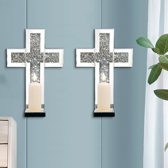 Mirrored Wall Candle Sconces Holder Set of 2, Wall Decor Living Room | Crystal Crushed Diamond Silver Wall Decorations, Ideal for Entryway, Hallway, Bedroom, Dining Room