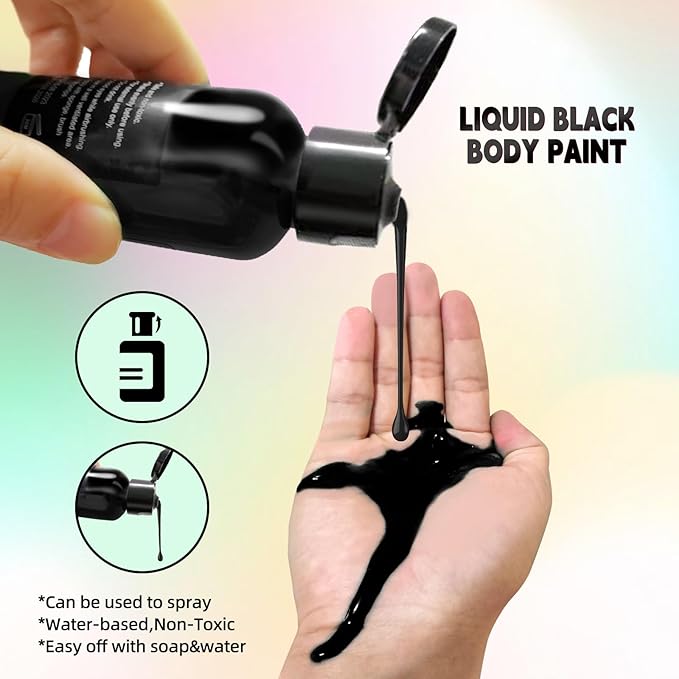 Go Ho Liquid Black Face Body Paint(2.1 oz),Black Makeup Water Based Face Paint and Body Paint for Airbrush Makeup Special FX, Cosplay, and Halloween Make up