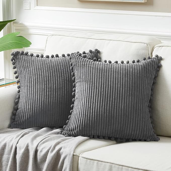 Fancy Homi Pack of 2 Dark Gray Decorative Throw Pillow Covers 22x22 Inch with Pom-poms for Couch Bed Living Room, Soft Corduroy Solid Square Cushion Case 55x55 cm, Farmhouse Boho Home Décor