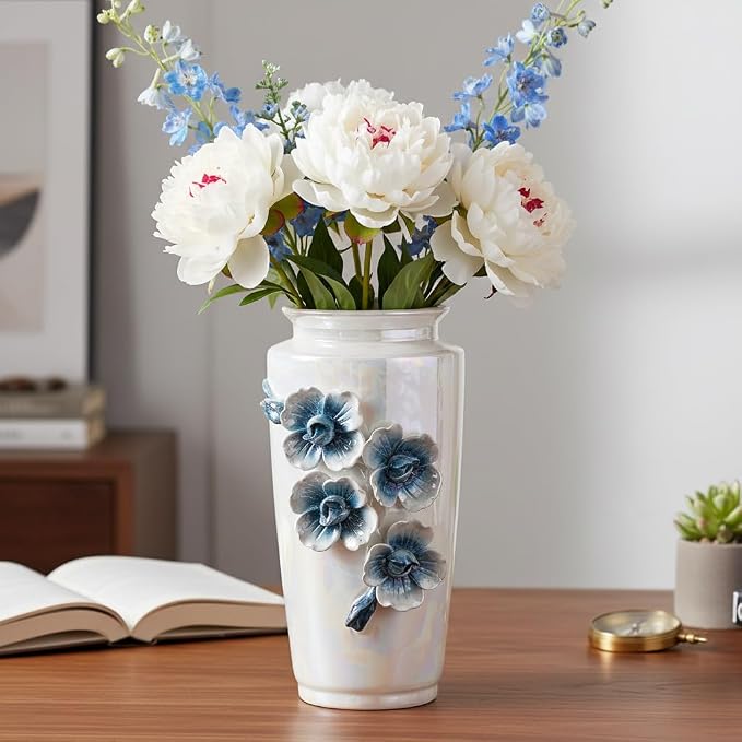 White Ceramic Vase 9 Inch - Modern Decorative Vase for Flowers, Centerpiece for Dining Table Living Room Entryway